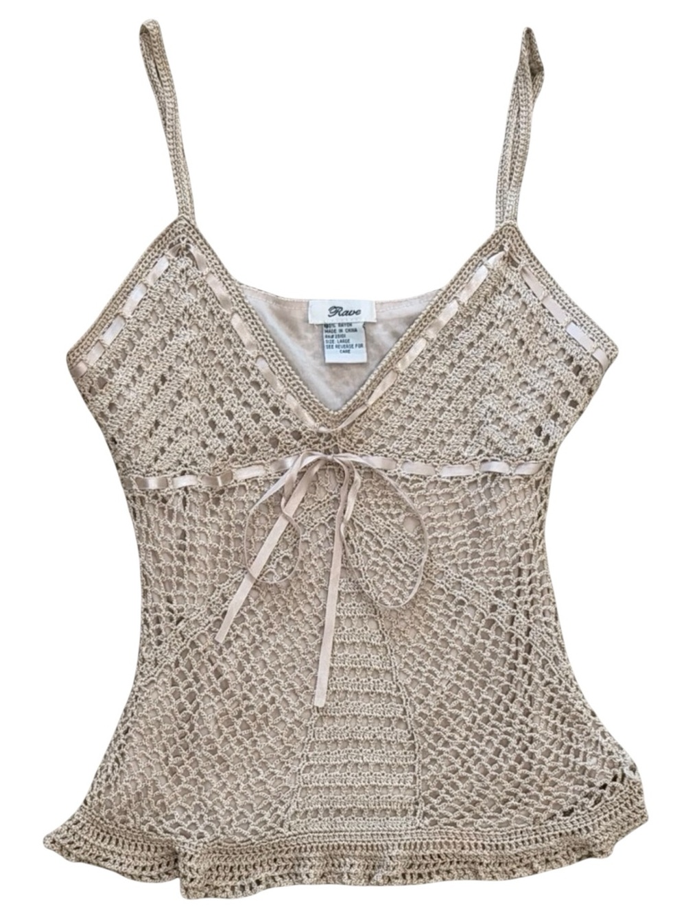 Y2K Rave Crochet Ribbon‑Tie Scalloped Camisole In Champagne
